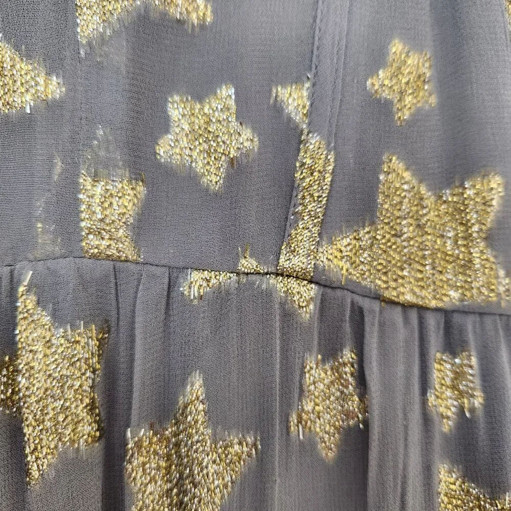 Loft Gold Star Print Shimmer Long-Sleeve Tiered Dress Gray Metallic Babydoll - Picture 7 of 11